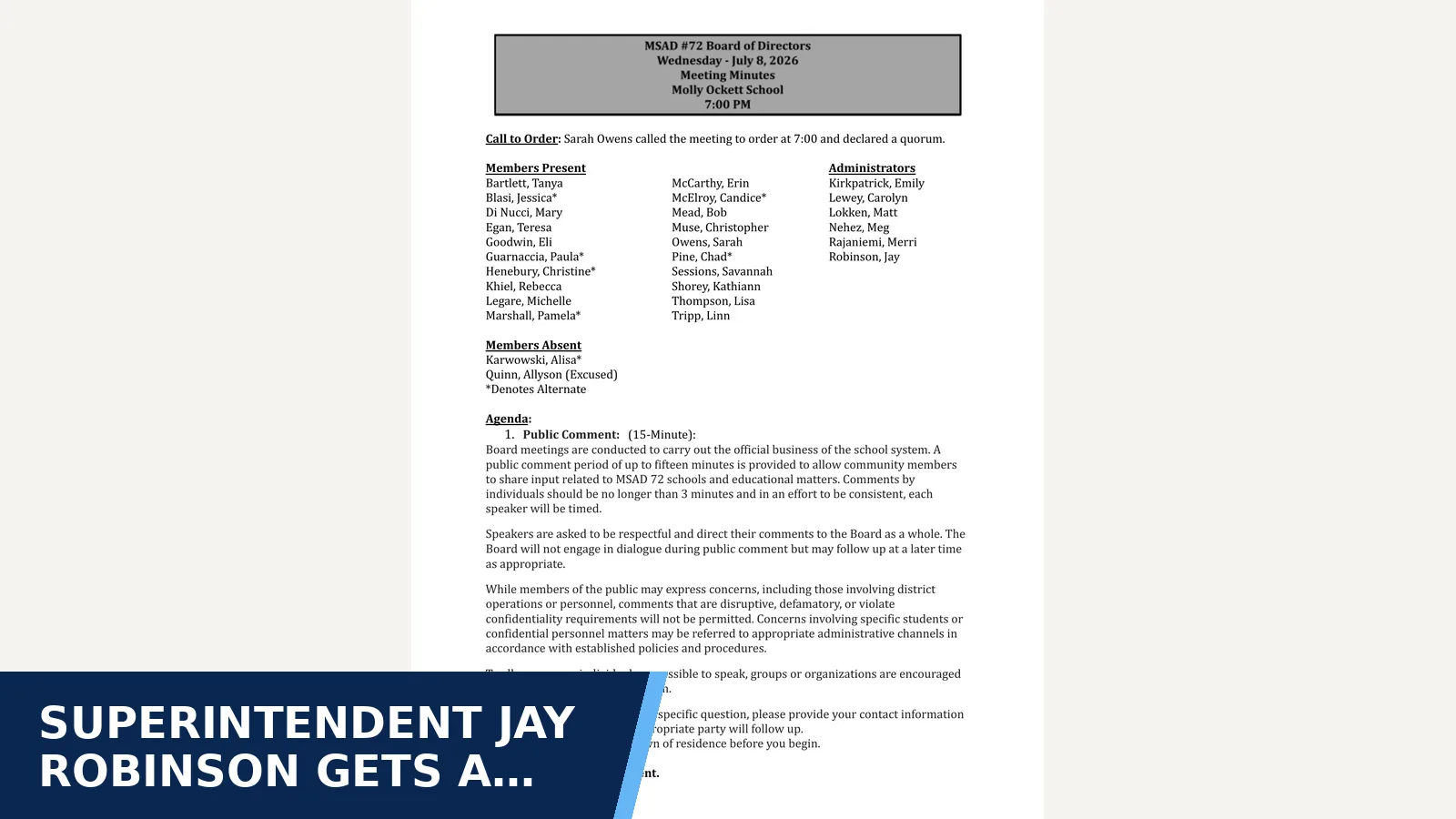Excerpt from School Board: Meeting Minutes - 7/8/2026 for Superintendent Jay Robinson gets a five-year contract
