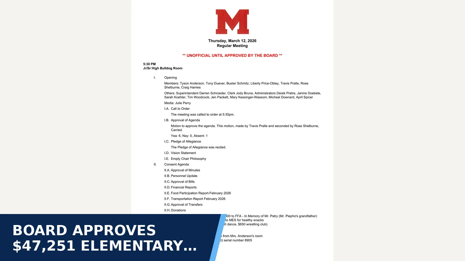 Excerpt from 2026-03-12 — March 12, 2026 at 5:30 PM - Regular Meeting Meeting Type: Regular — Minutes for Board approves $47,251 elementary entrance…