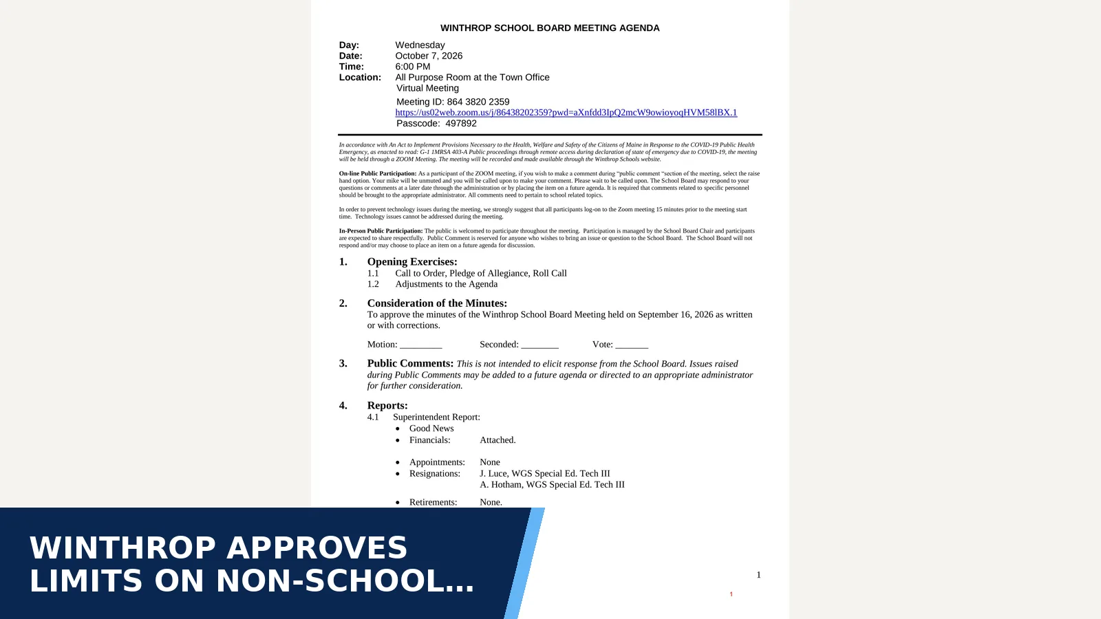 Excerpt from School Board Meeting Agenda 10.07.26 for Winthrop approves limits on non-school materials…