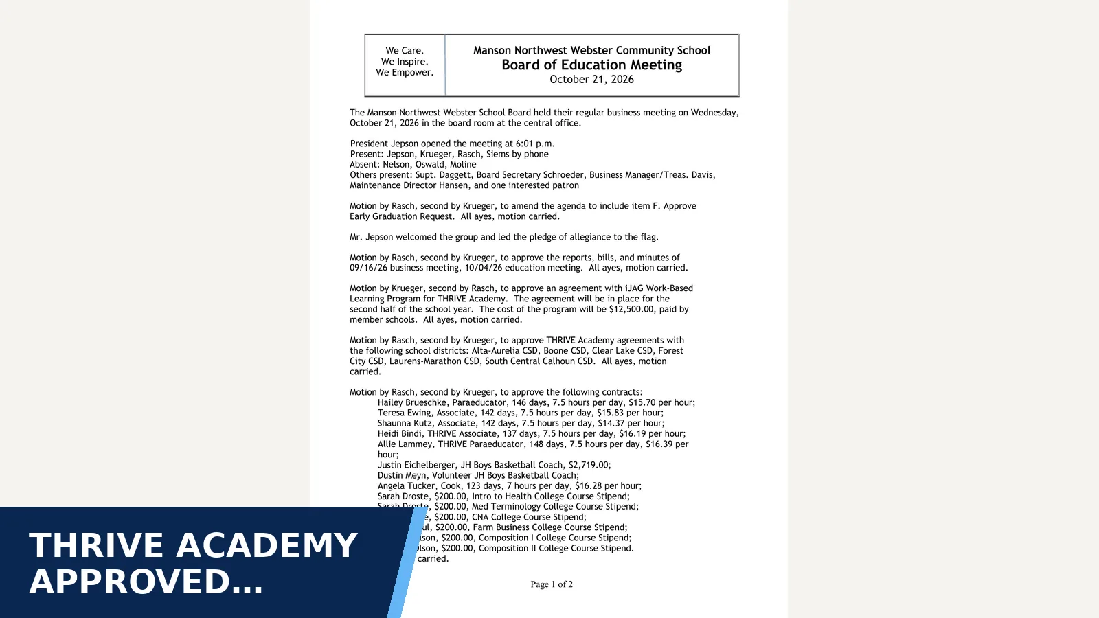 Excerpt from Minutes 10-21-26 Business Meeting.pdf for THRIVE Academy approved work-based learning…