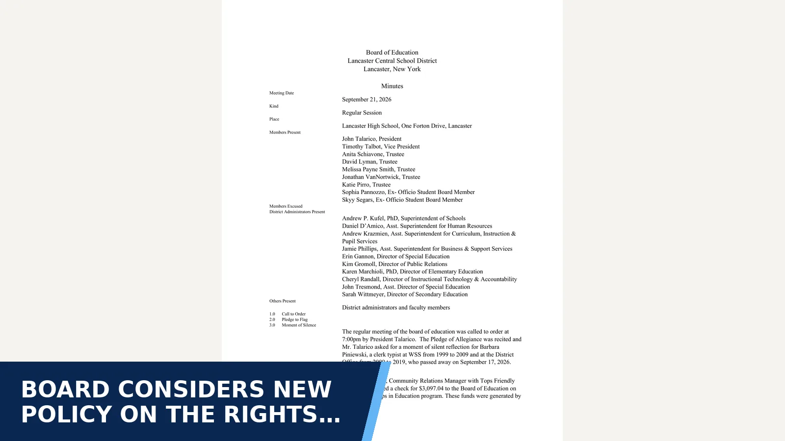 Excerpt from Board Meeting Minutes - September 21, 2026 for Board considers new policy on the rights of…