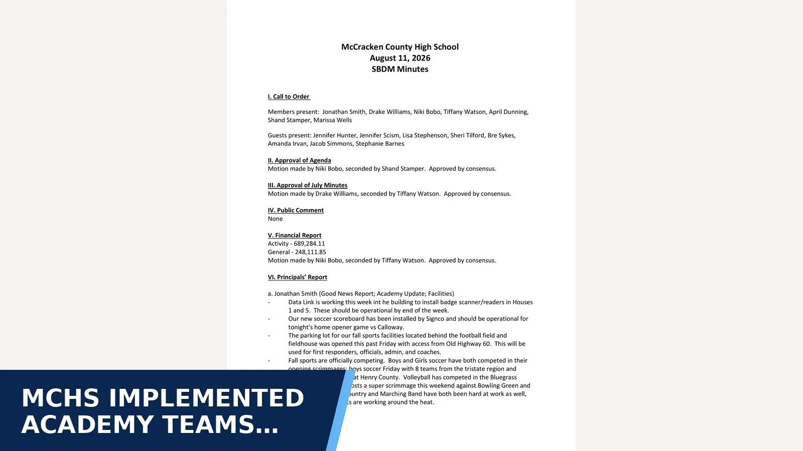 Excerpt from McCracken County High School SBDM minutes — 2026-08-11 for MCHS implemented academy teams across its…