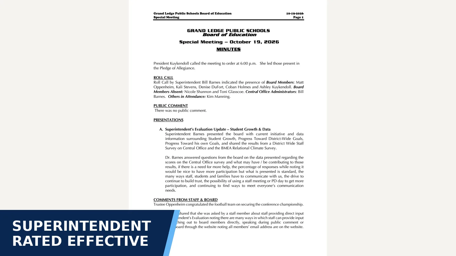 Excerpt from October 19, 2026 Special Meeting - Sup't Annual Evaluation - Minutes for Superintendent rated effective