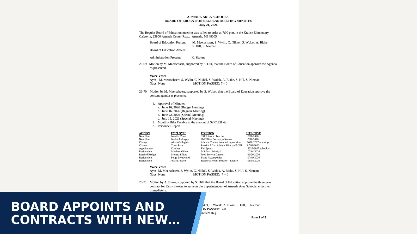 Excerpt from July 21, 2026 - Regular Meeting for Board appoints and contracts with new Superintendent