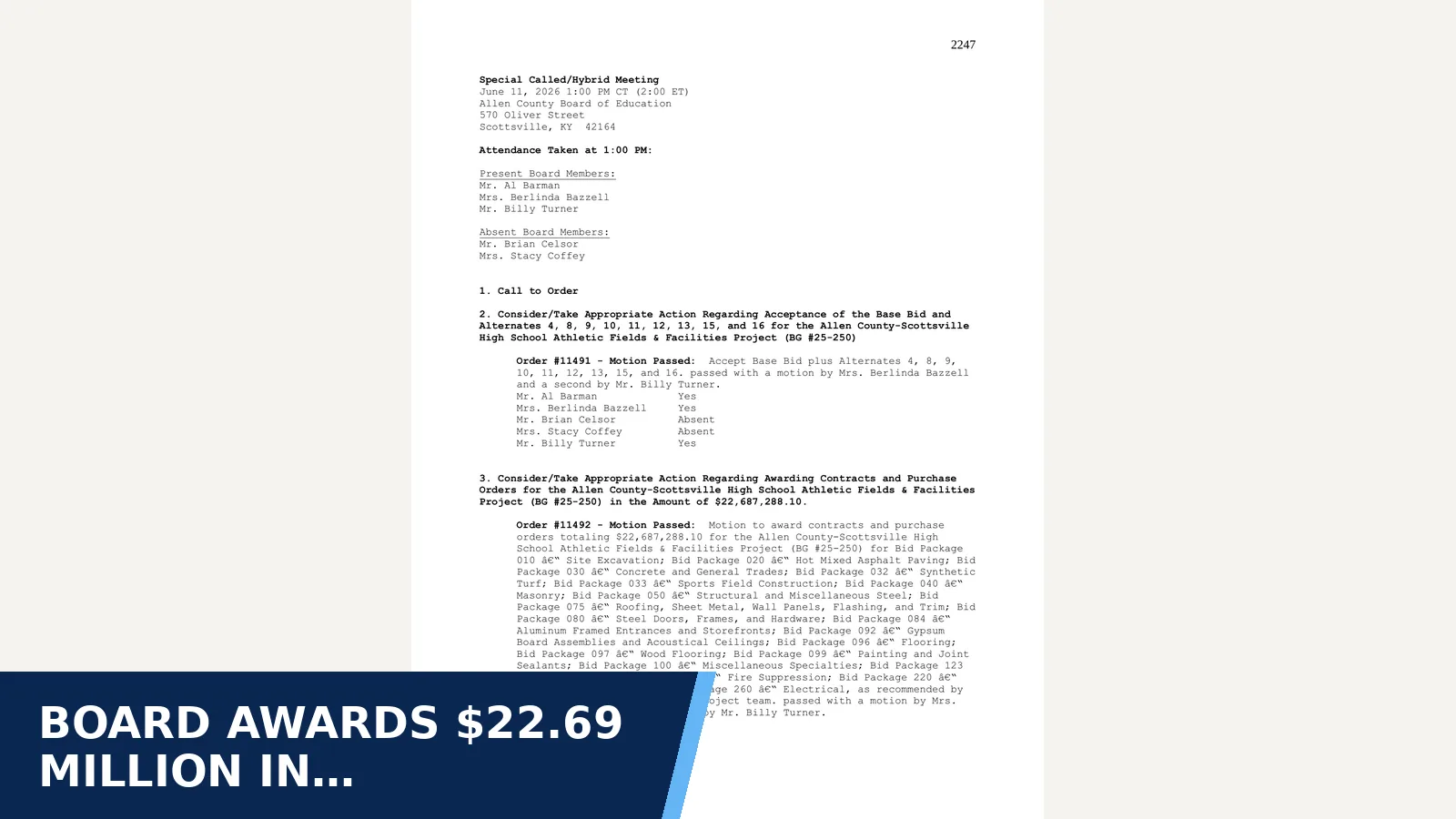 Excerpt from 06-11-2026 ACBOE SPECIAL CALLED MEETING for Board awards $22.69 million in athletic-fields…