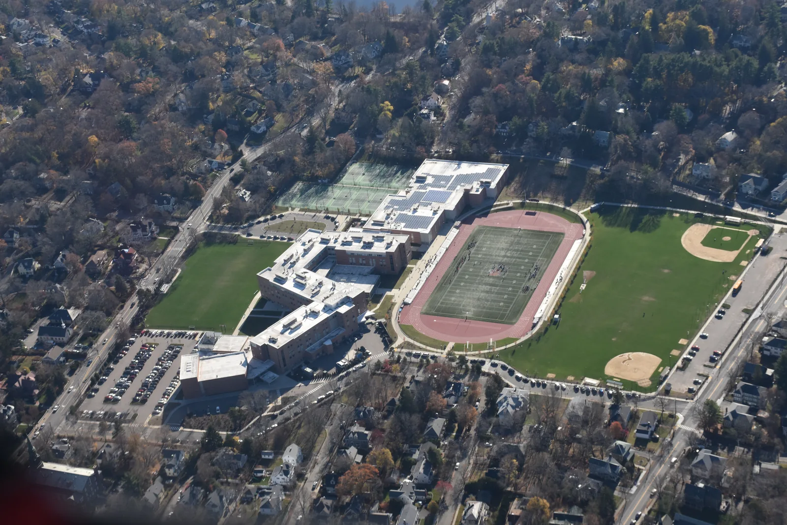 Aerial view of Belmont High School in Belmont, Massachusetts