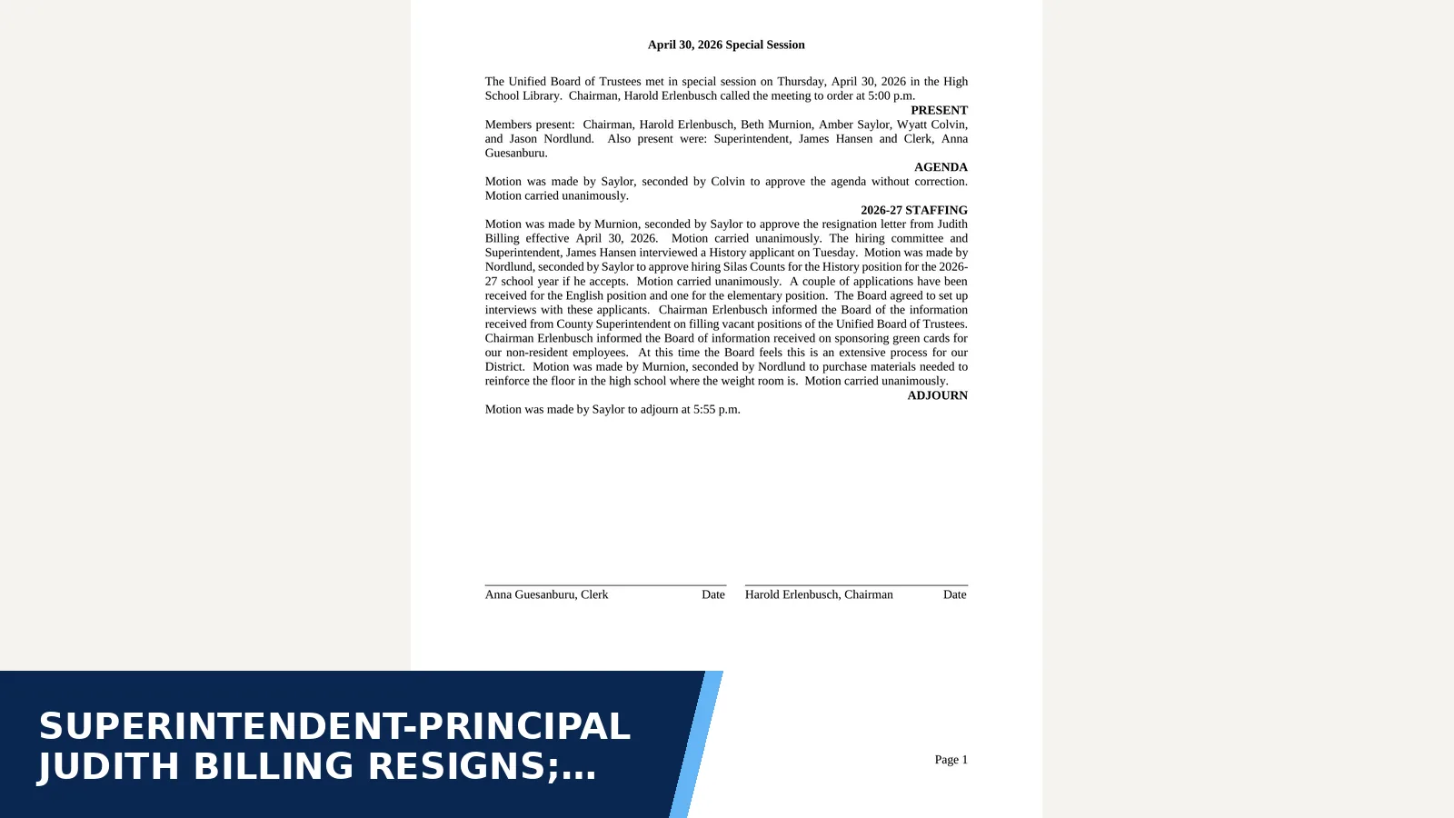 Excerpt from Board minutes - April 30 2026 SS .pdf for Superintendent-principal Judith Billing resigns;…