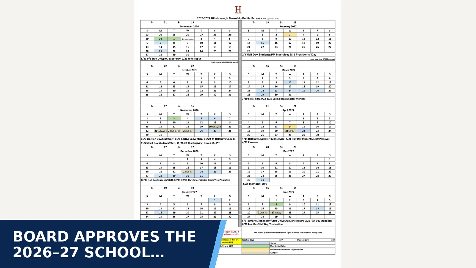 Excerpt from 2026-2027 District Calendar BOE Approved 7.27.26 (District calendars 2026-27) for Board approves the 2026–27 school calendar