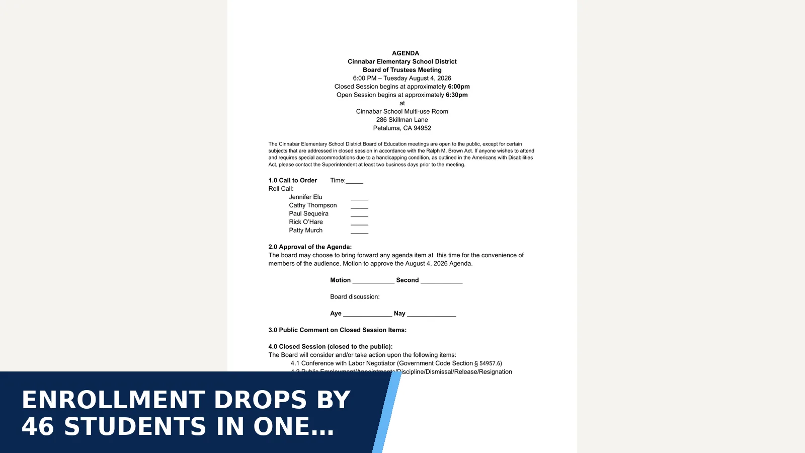 Excerpt from Board Agenda August 4, 2026.pdf for Enrollment drops by 46 students in one year
