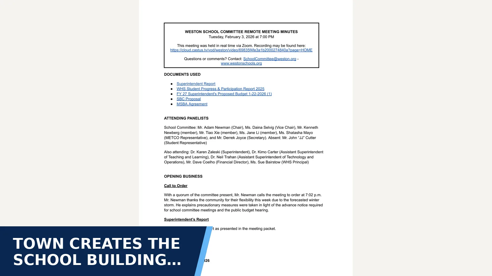 Excerpt from Weston School Committee Minutes — 2026-02-03 for Town creates the School Building Committee and…