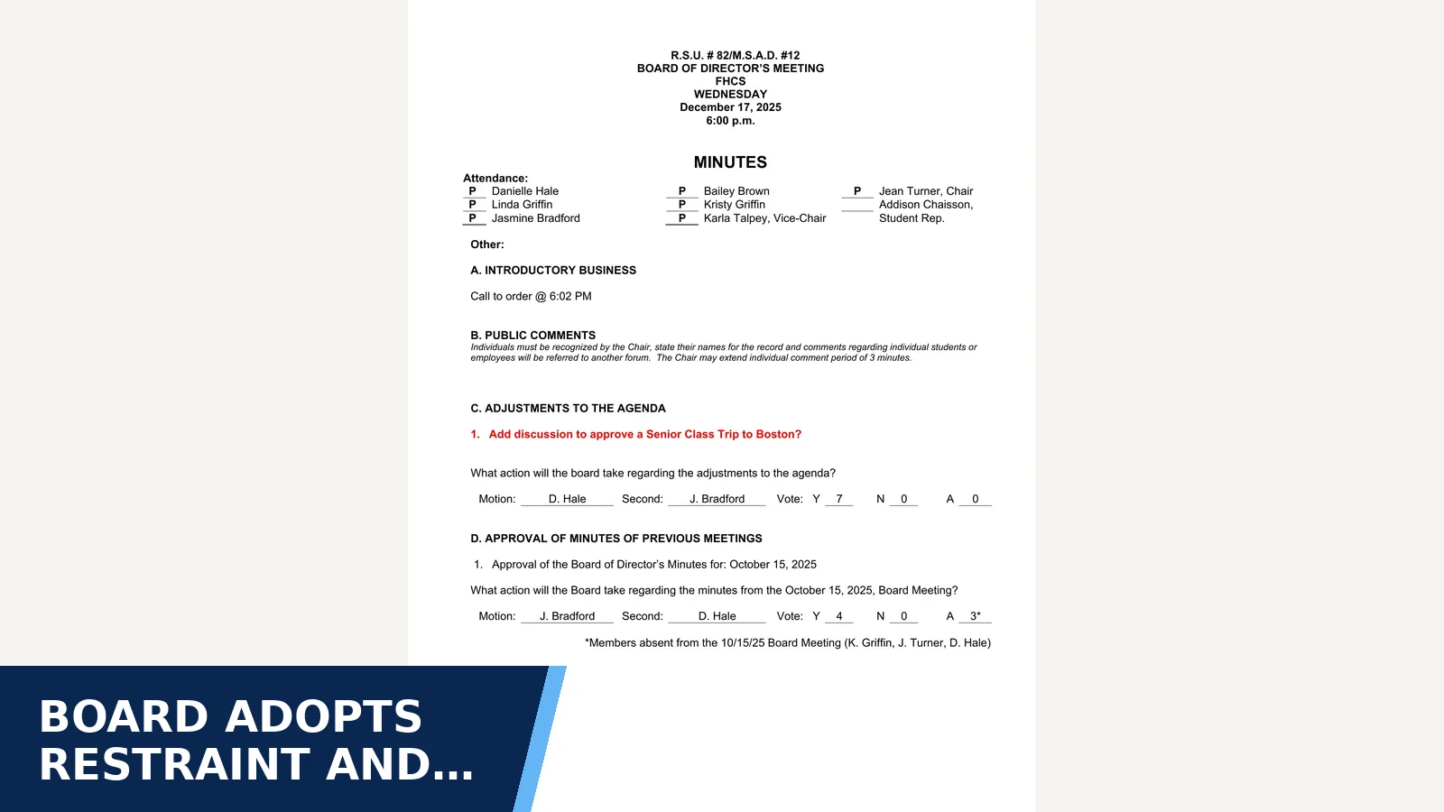 Excerpt from MSAD 12 Board of Directors: Board Minutes December 2025.pdf for Board adopts restraint and seclusion and other…
