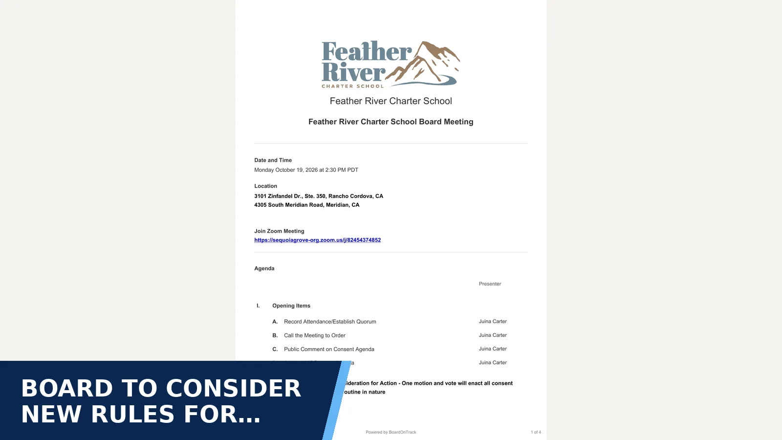 Excerpt from Feather River Charter School Board Meeting - Agenda (2026-10-19) for Board to consider new rules for moving students…
