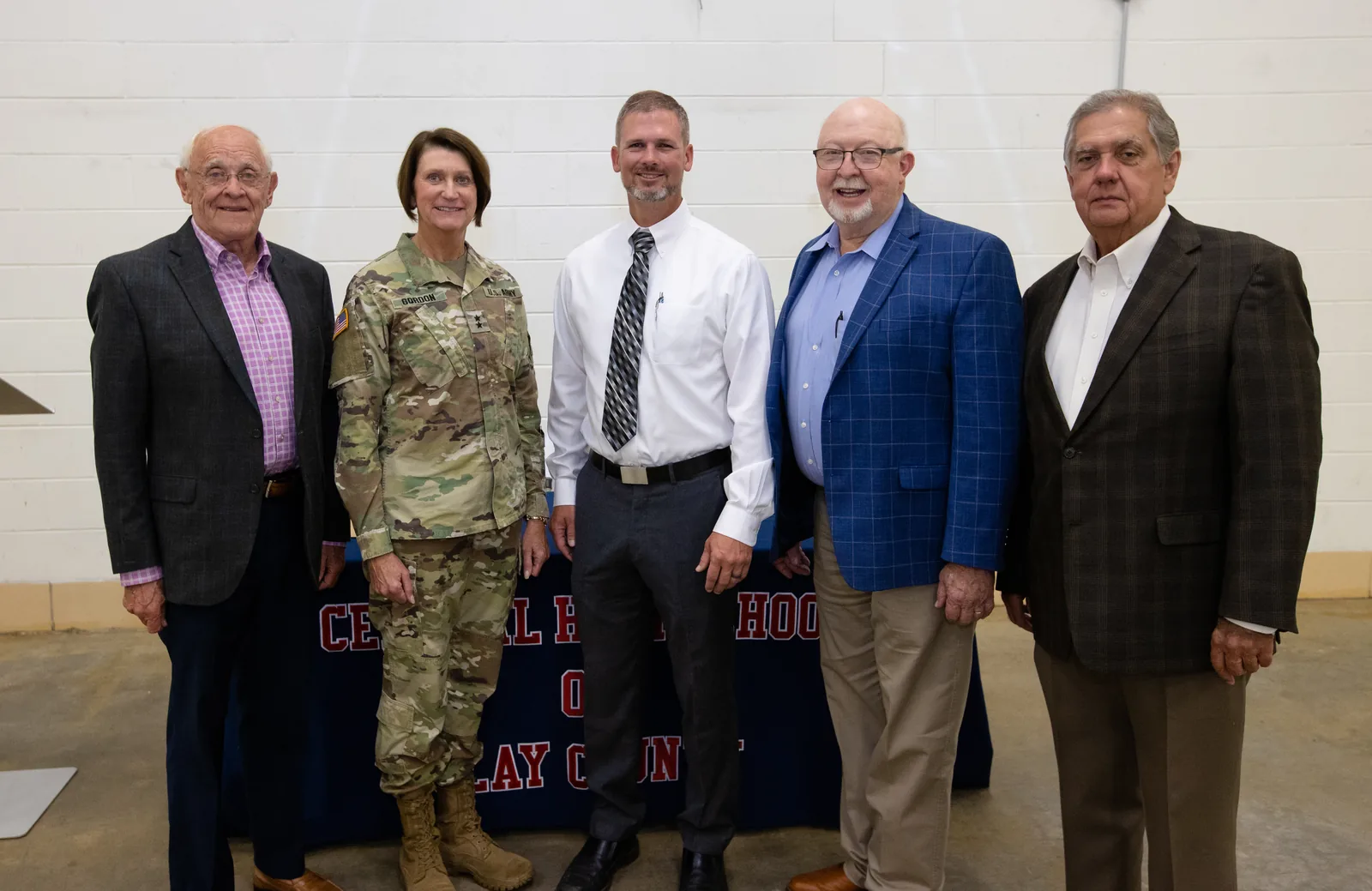 Gerald Dial, armory commission member, Maj. Gen. Sheryl Gordon, Alabama National Guard adjutant general, Jared Wesley, Clay County Board of Education superintendent, Randy Price, state senator, Steve Hurst state representative at a transfer of responsibility in Ashland, Al. on July 28, 2021. (Army National Guard photo by Staff Sgt. William Frye).
