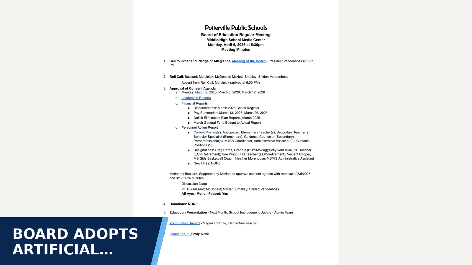 Excerpt from Potterville Board of Education regular meeting minutes: 04.06.2026 for Board adopts artificial intelligence policies
