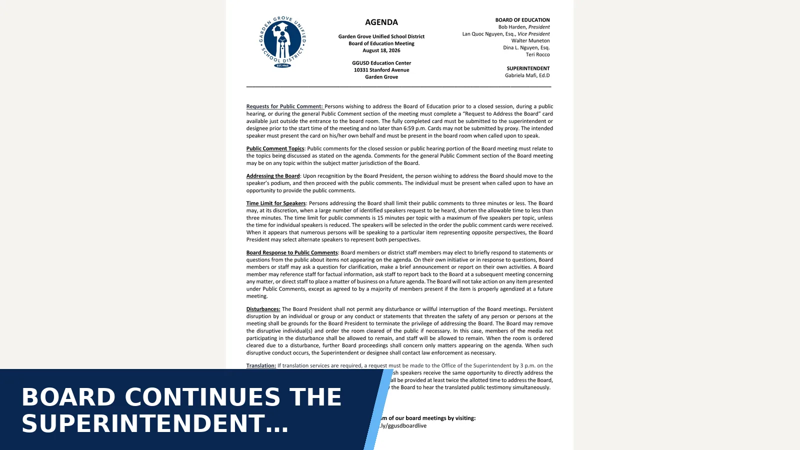 Excerpt from 2026-08-18 — View Agenda for Board continues the superintendent search process