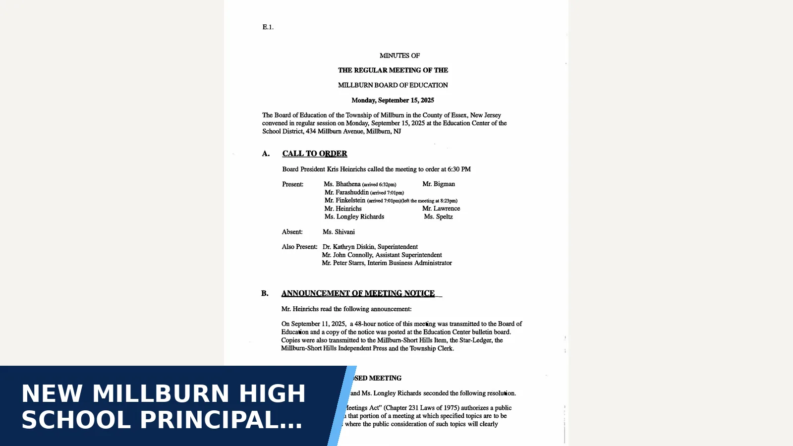 Excerpt from Minutes - September 15, 2025 for New Millburn High School principal appointed