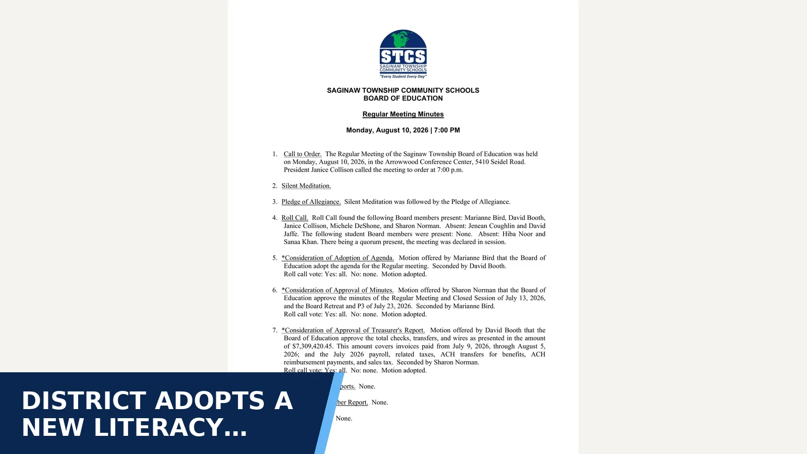 Excerpt from Regular Meeting — Minutes for District adopts a new literacy screening…