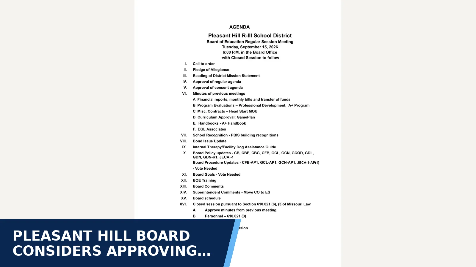 Excerpt from September 15, 2026 -Regular Session for Pleasant Hill board considers approving GamePlan…