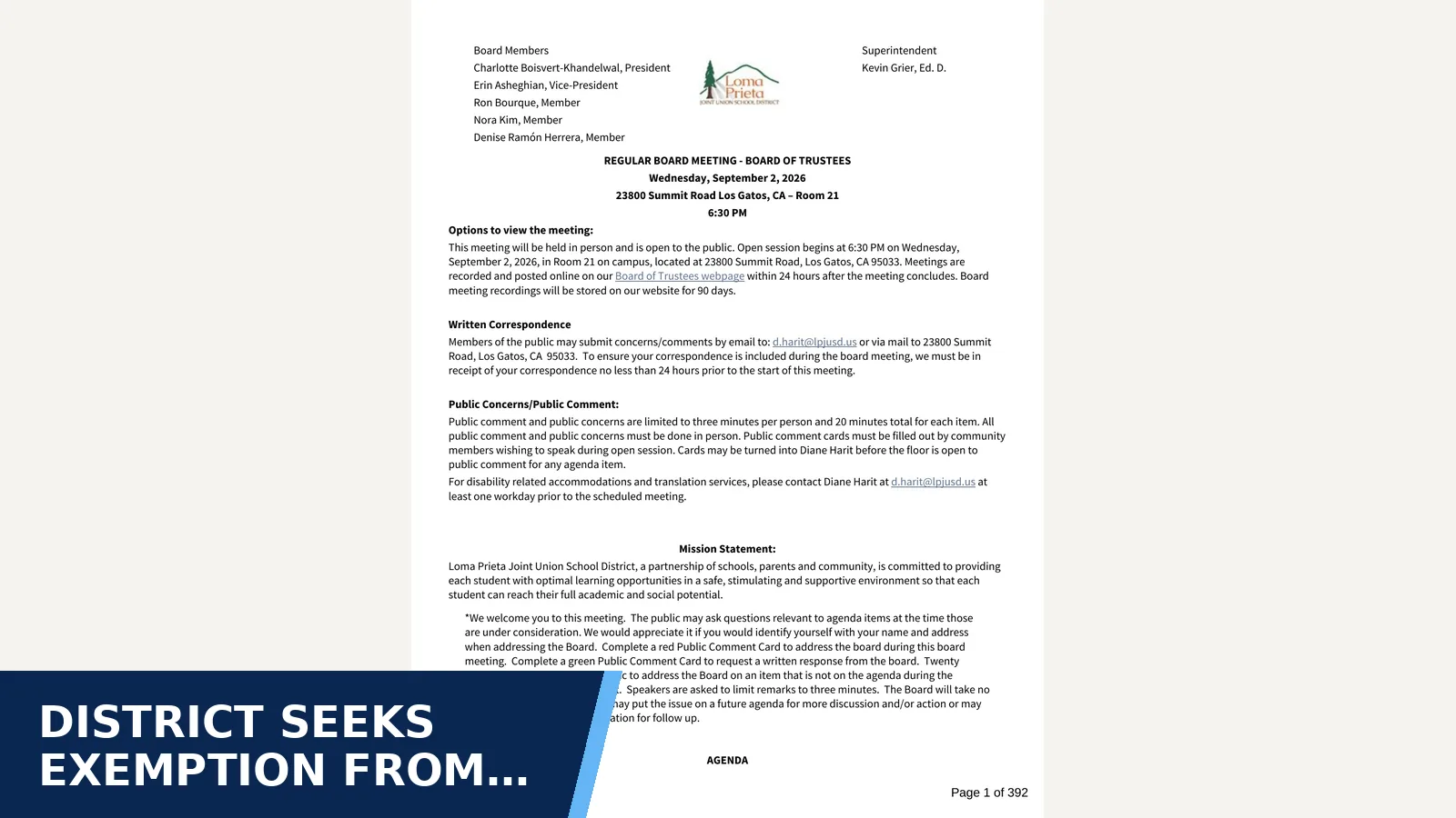Excerpt from Regular Board Meeting - Sep 02 2026 full agenda package for District seeks exemption from classroom-salary…