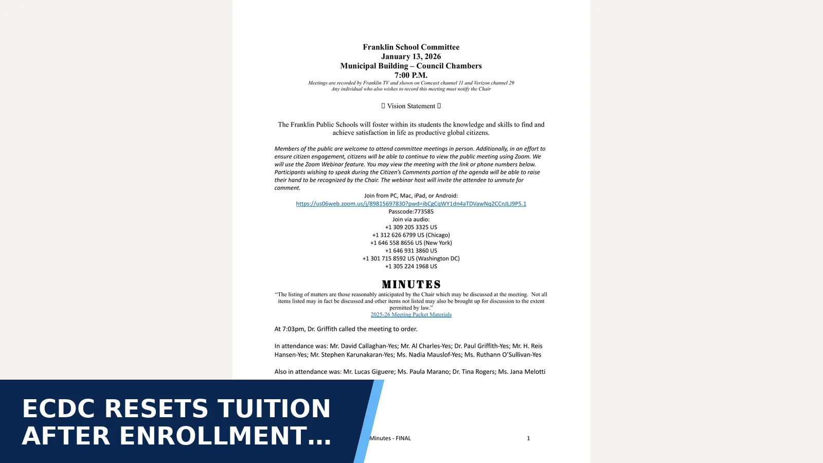 Excerpt from January 13, 2026 School Committee Minutes - FINAL for ECDC resets tuition after enrollment falls to 125