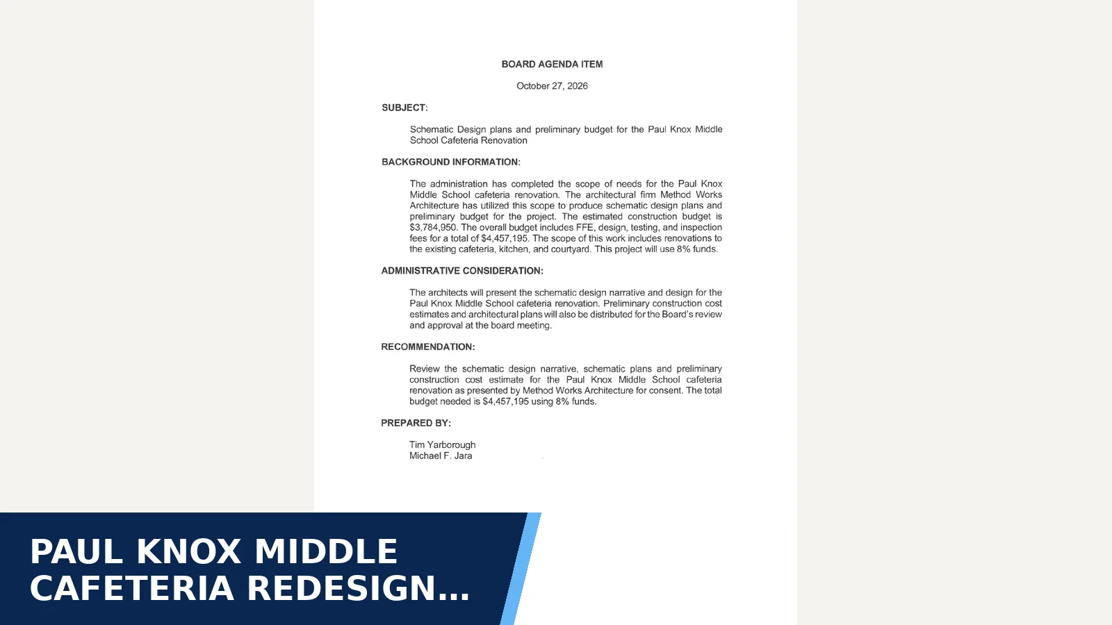 Excerpt from B-5 Schematic Design plans and preliminary budget for the Paul Knox Middle School Cafeteria Renovation.pdf for Paul Knox Middle cafeteria redesign could add…