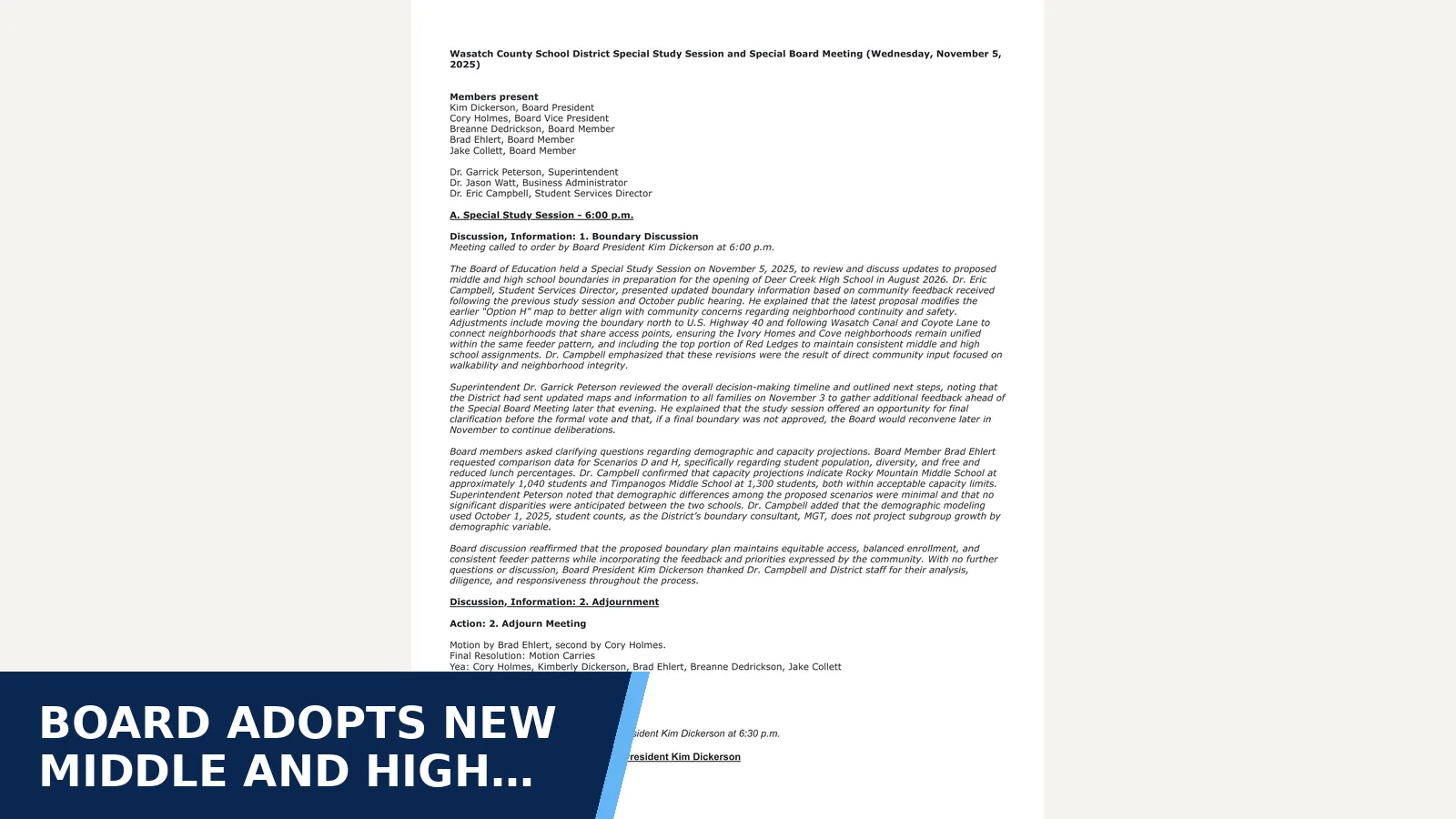 Excerpt from Special Board of Education Special Study Session and Special Board Meeting - 11.5.25_MINUTES.pdf for Board adopts new middle and high school boundaries…