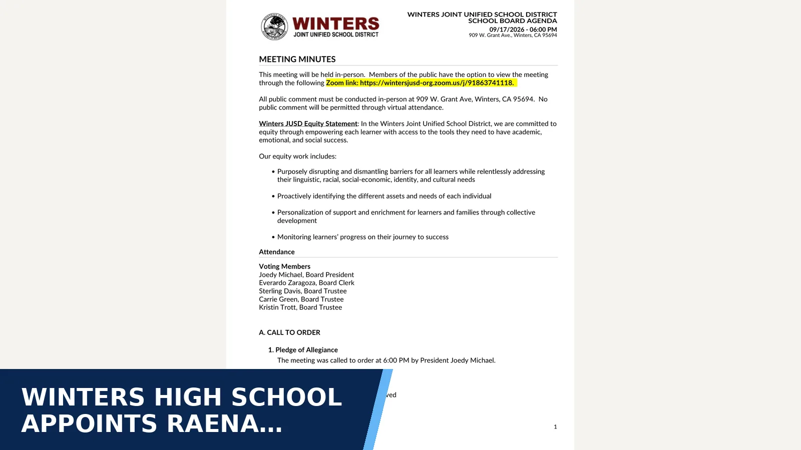 Excerpt from 09-17-2026 - Meeting Minutes | Winters Joint Unified School District for Winters High School appoints Raena Lavelle as…
