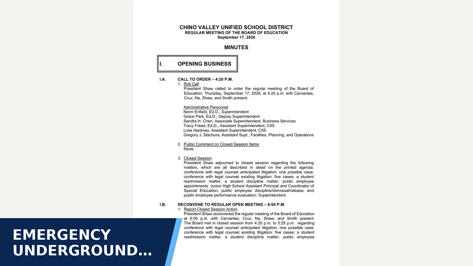 Excerpt from Minutes for Emergency underground fire-line repairs authorized…