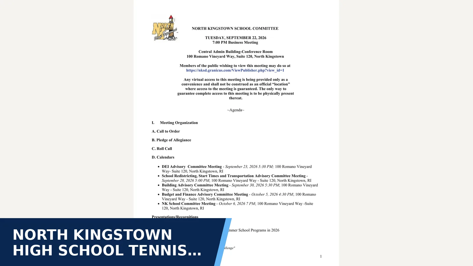 Excerpt from North Kingstown School Committee — Agenda for North Kingstown High School tennis teams are…