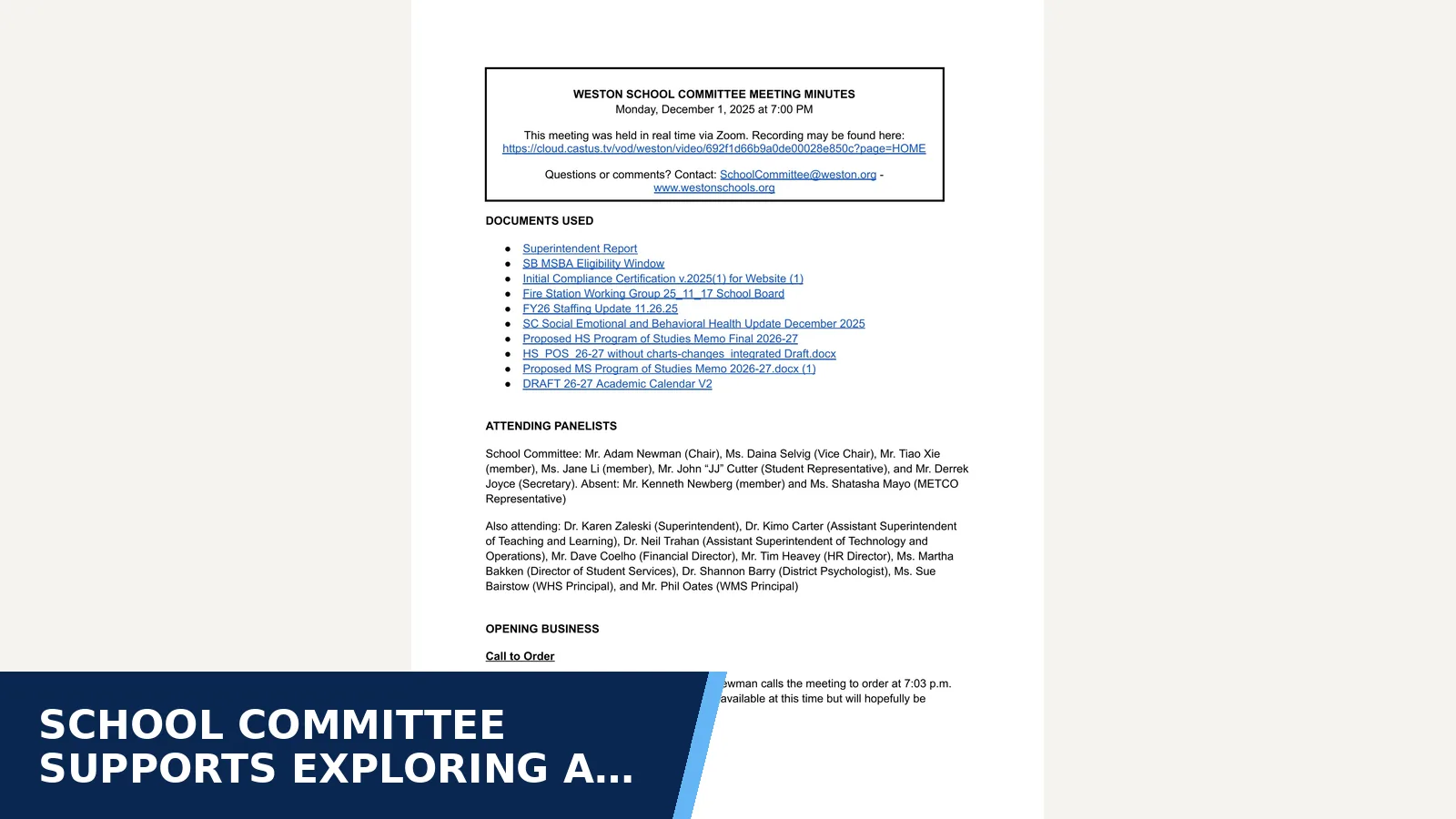 Excerpt from Weston School Committee Minutes — 2025-12-01 for School Committee supports exploring a fire station…