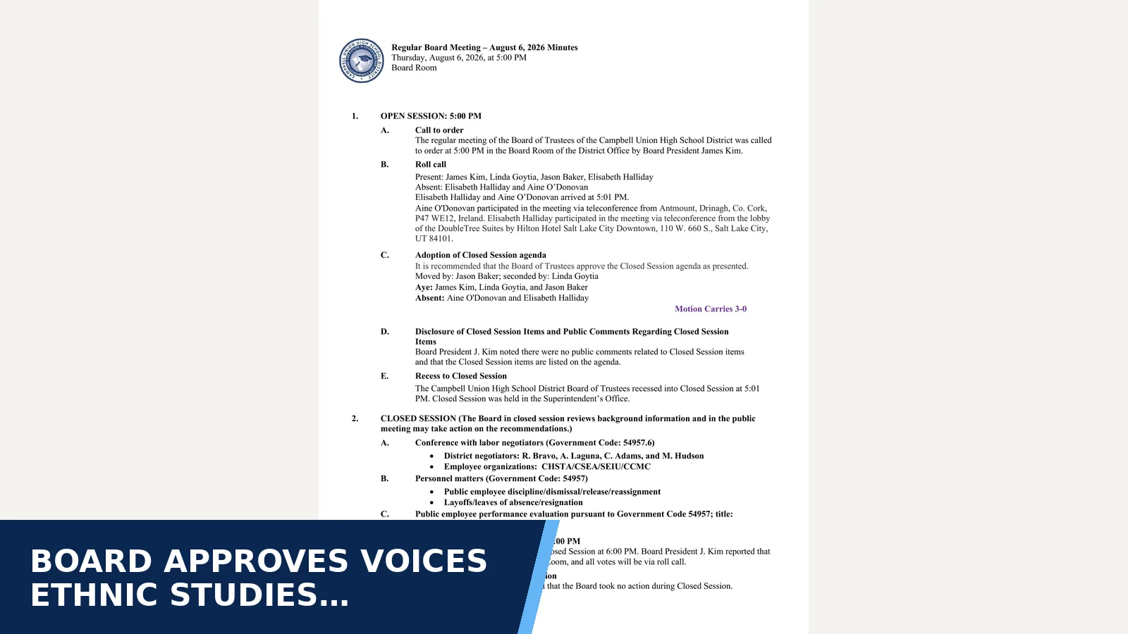 Excerpt from Regular Board Meeting — Minutes for Board approves Voices ethnic studies textbook for…