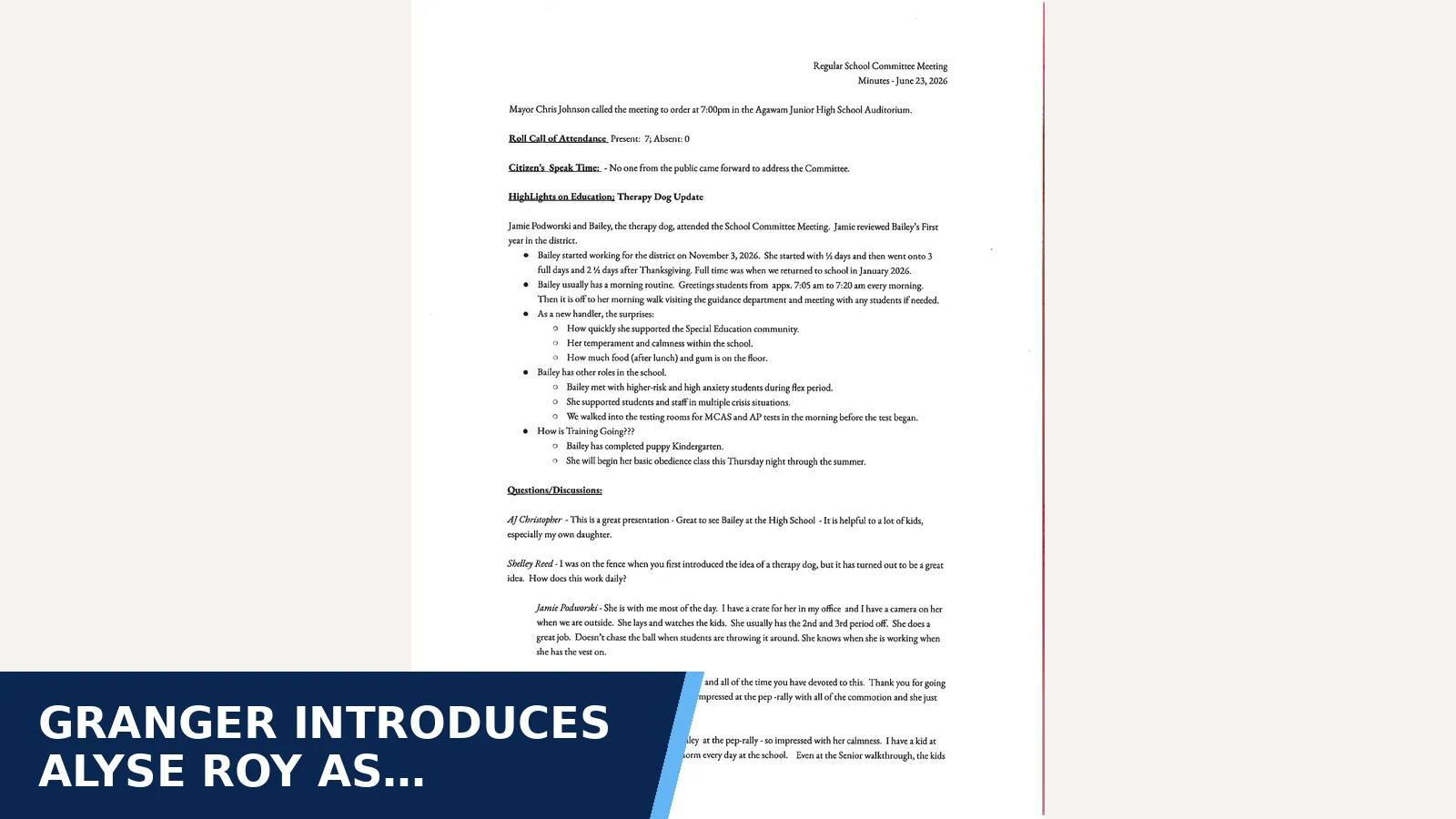 Excerpt from Agawam Meeting Minutes June 23, 2026 for Granger introduces Alyse Roy as principal