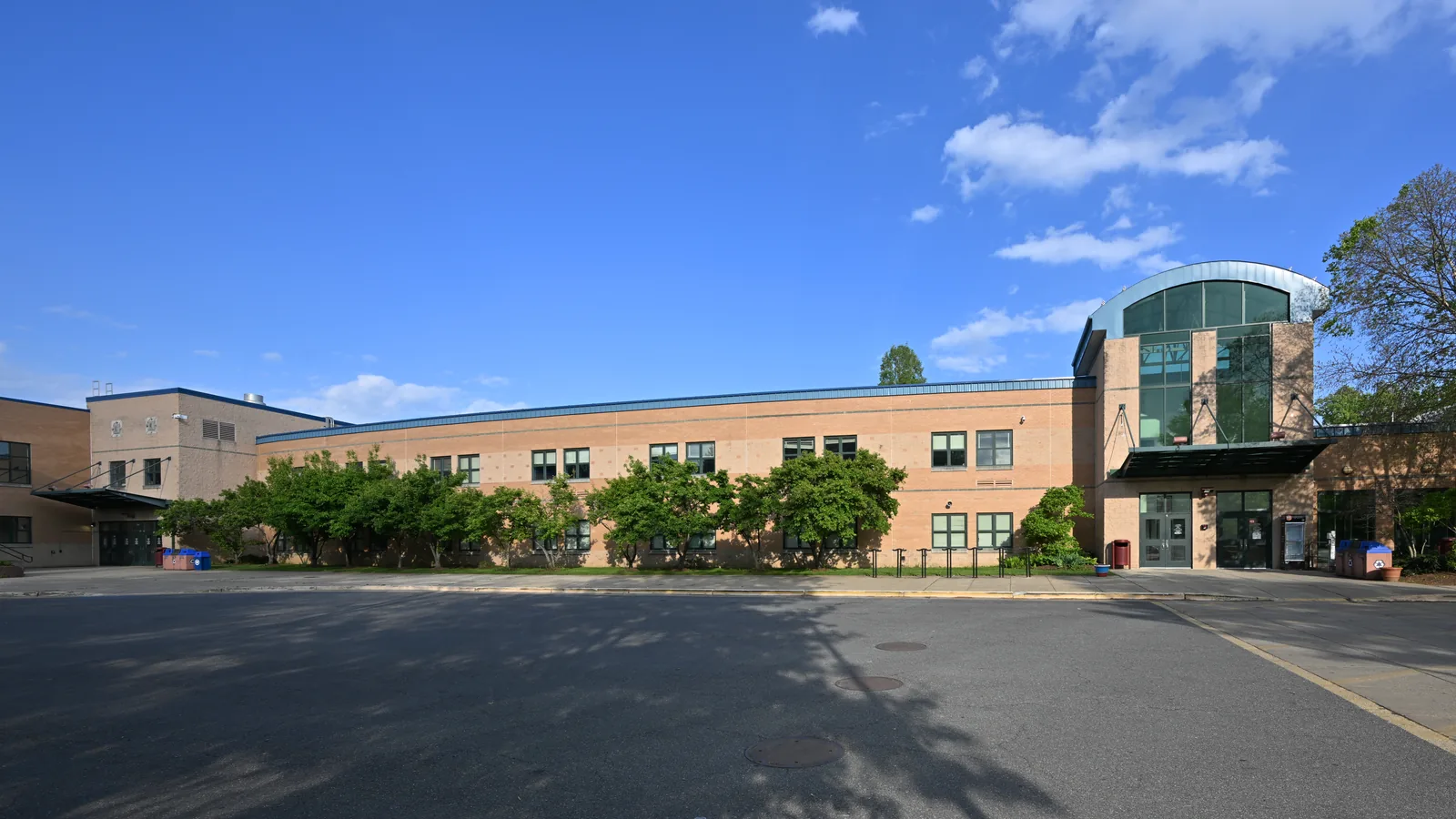 The main entrance to Albert Einstein High School, part of the Montgomery County Public School system. 11135 Newport Mill Road, Kensington, Maryland 20895.
