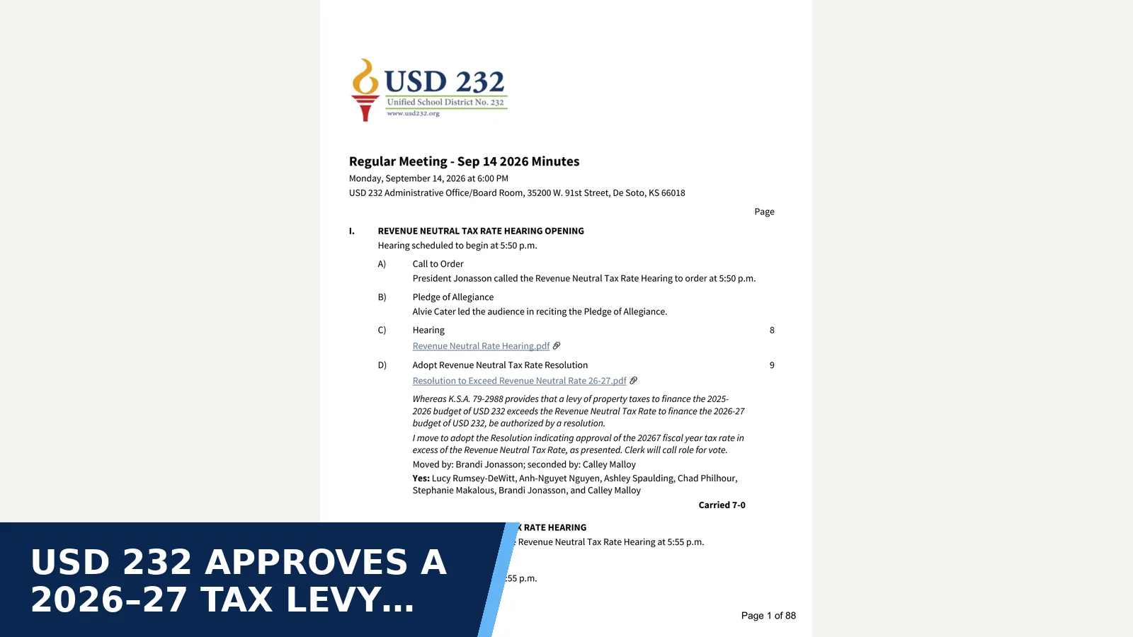 Excerpt from 2026-09-14 — Regular Meeting - Sep 14 2026 for USD 232 approves a 2026–27 tax levy above the…