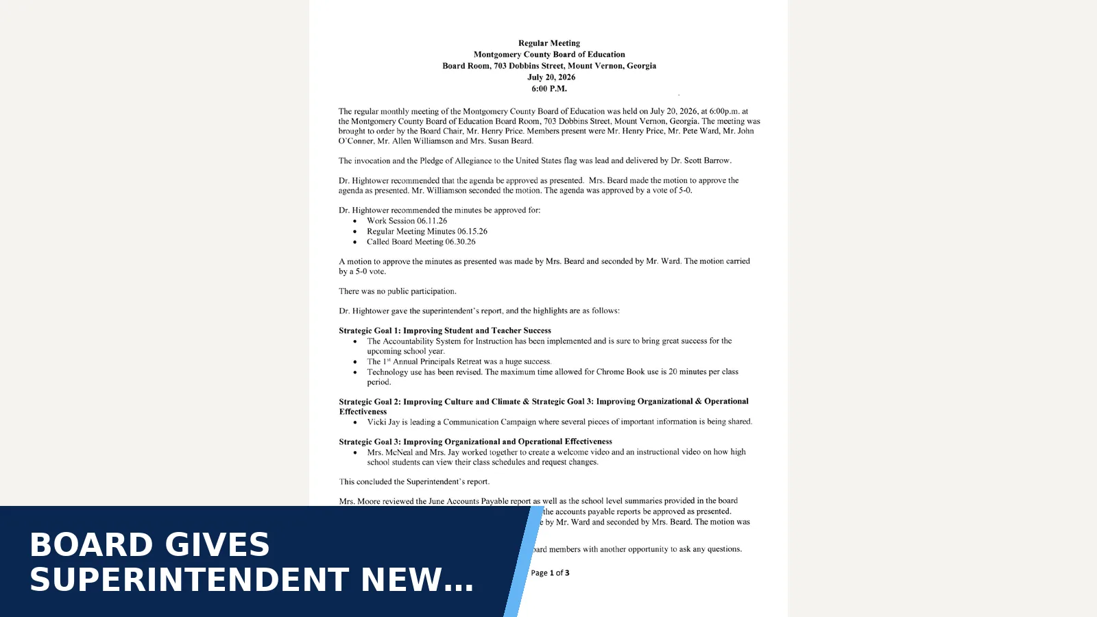 Excerpt from Montgomery County Board of Education: Minutes-Regular Meeting 07.20.26 for Board gives superintendent new contract, then…