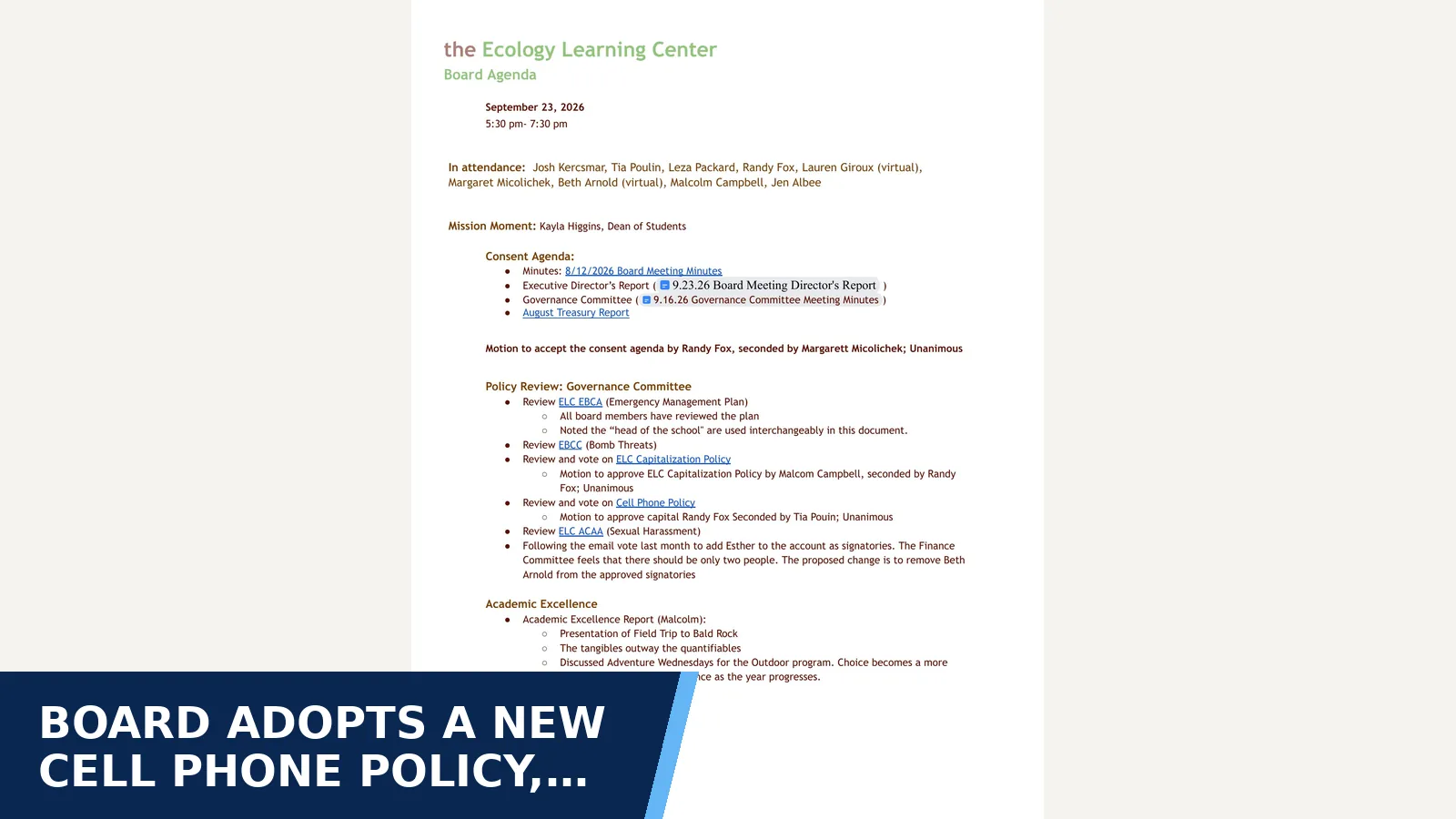 Excerpt from Board meeting minutes: September 23, 2026 Meeting Minutes for Board adopts a new cell phone policy, but the text…