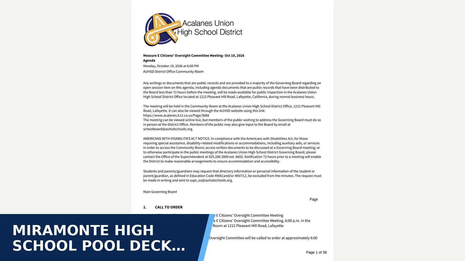 Excerpt from Measure E Citizens' Oversight Committee Meeting - Oct 19 2026 for Miramonte High School pool deck renovation is…