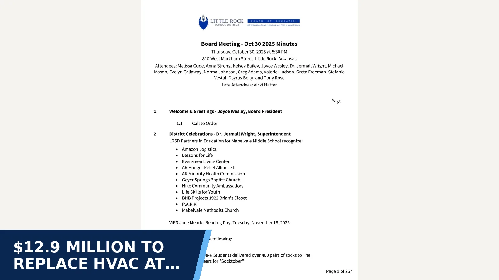 Excerpt from Board Meeting - Oct 30 2025 - Minutes for $12.9 million to replace HVAC at three schools