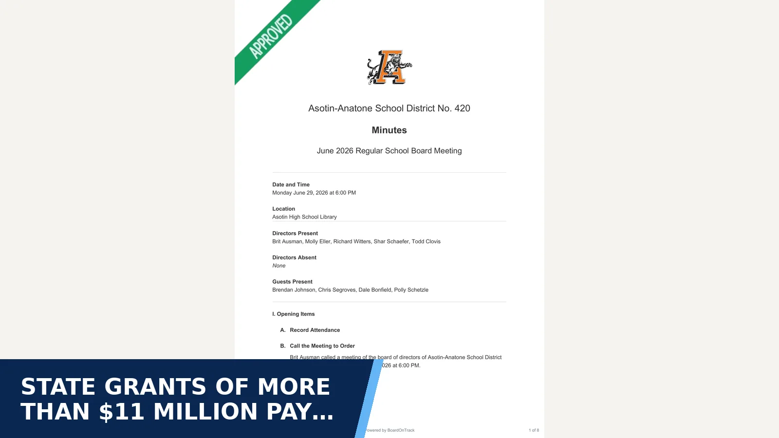 Excerpt from June 2026 Regular School Board Meeting - Minutes for State grants of more than $11 million pay to fix…