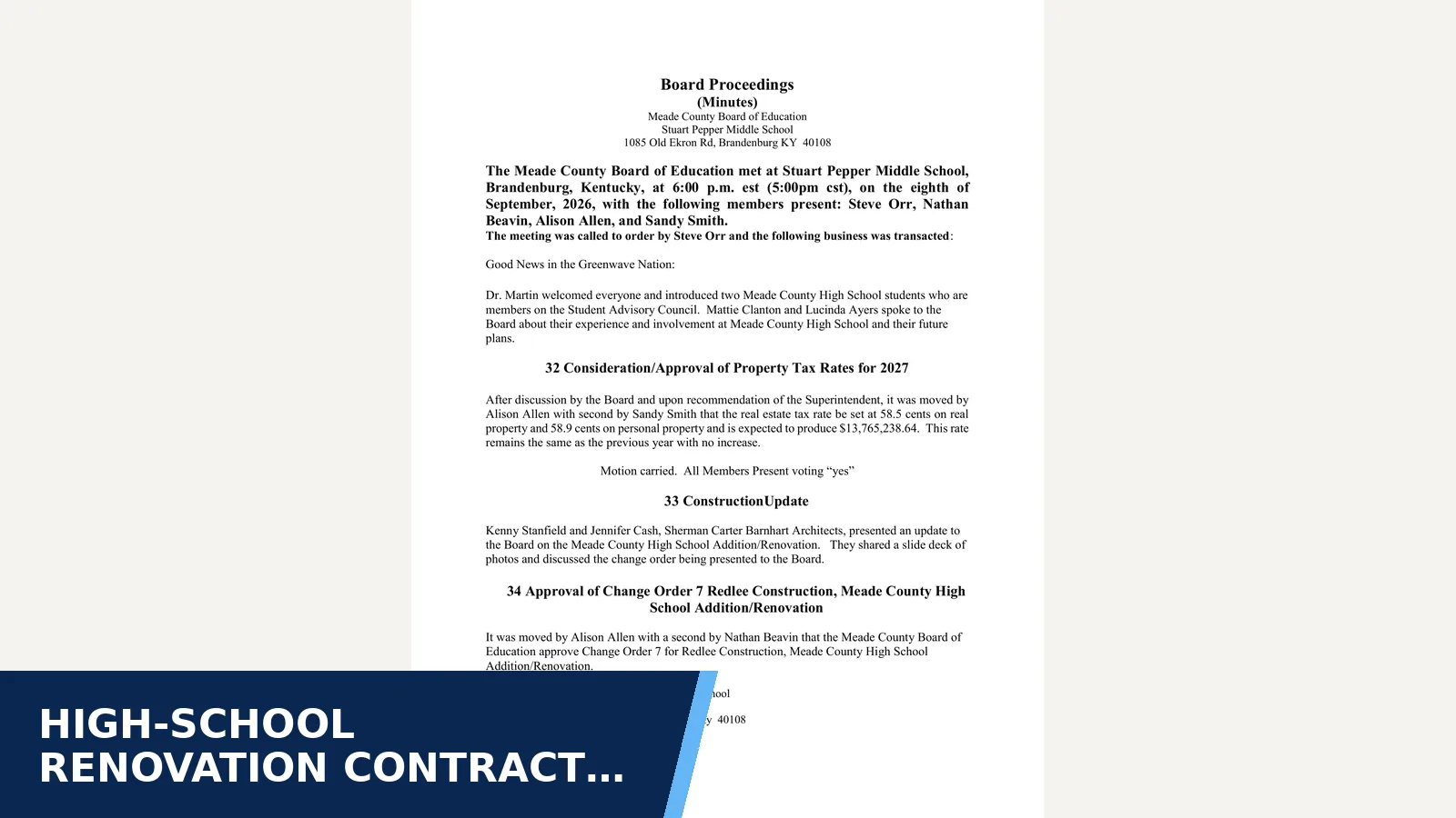 Excerpt from Meade County September Minutes 2026 for High-school renovation contract reaches $37.54 million
