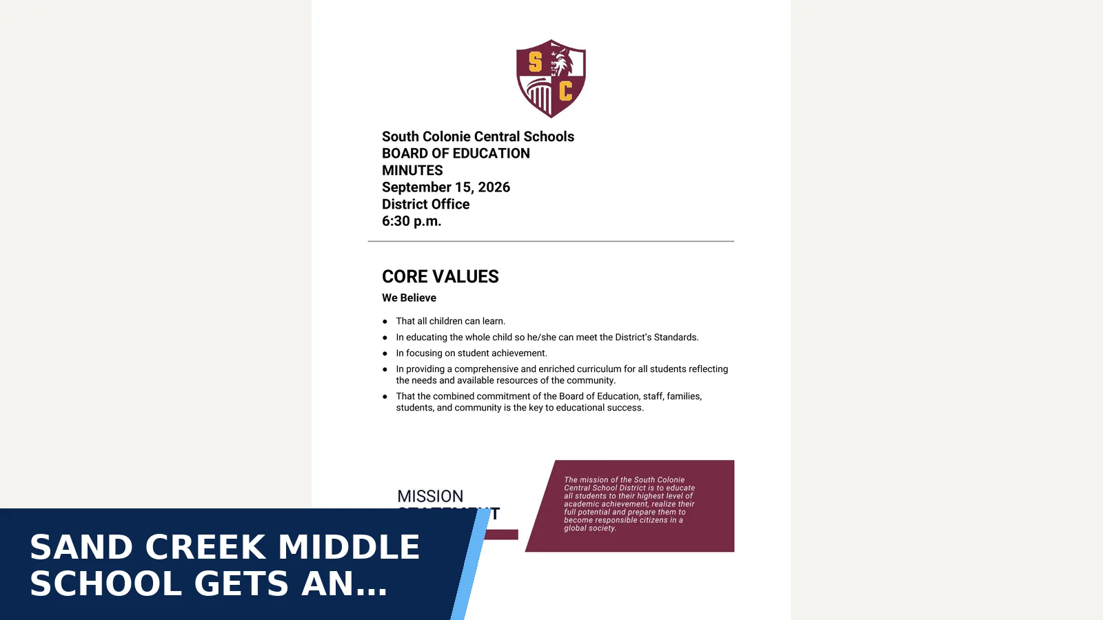 Excerpt from Board of Education minutes - September 15, 2026 for Sand Creek Middle School gets an interim principal…