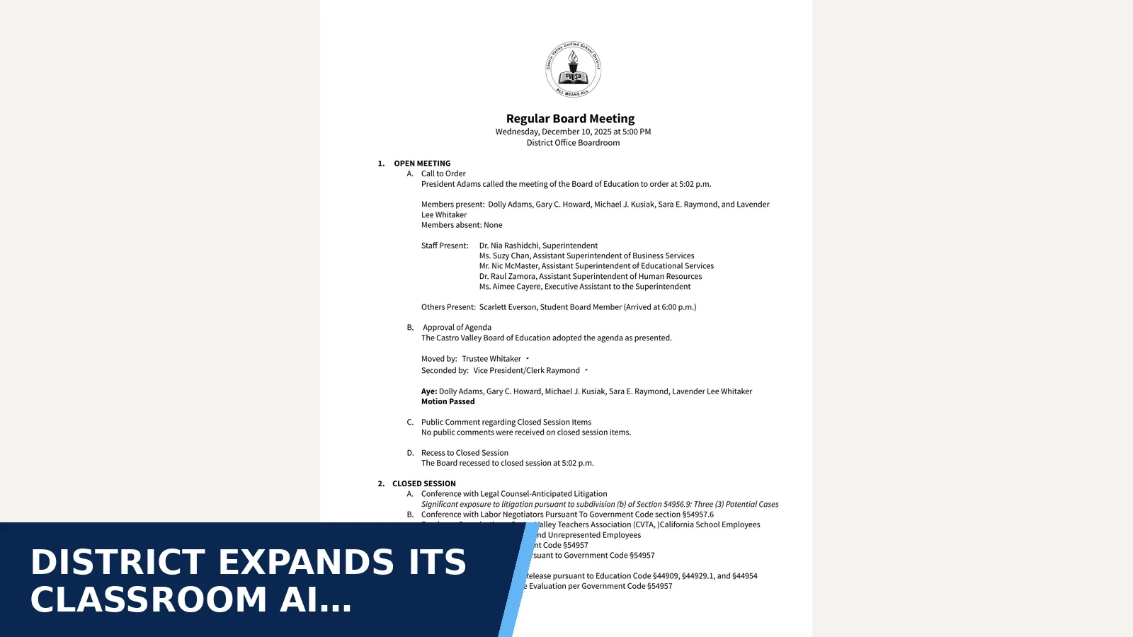 Excerpt from Dec 10 2025 Regular Board Meeting / Annual Organizational Meeting minutes for District expands its classroom AI program