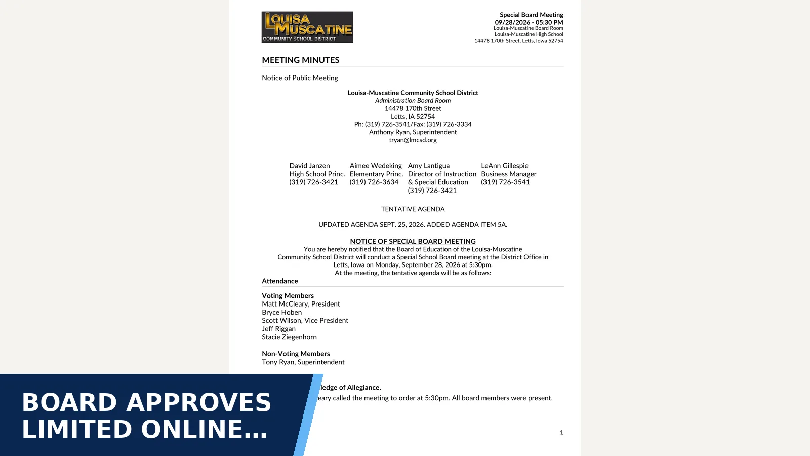Excerpt from 9/28/2026 Special Meeting for Board approves limited online instruction days and…