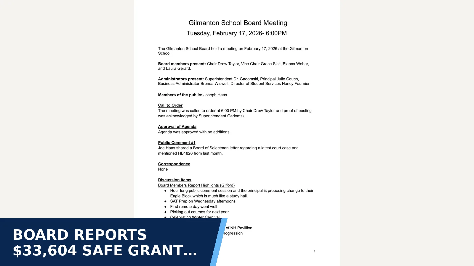 Excerpt from February 17, 2026 Gilmanton School Board Meeting - Meeting Notice - Minutes 🔊 for Board reports $33,604 SAFE grant for safety…