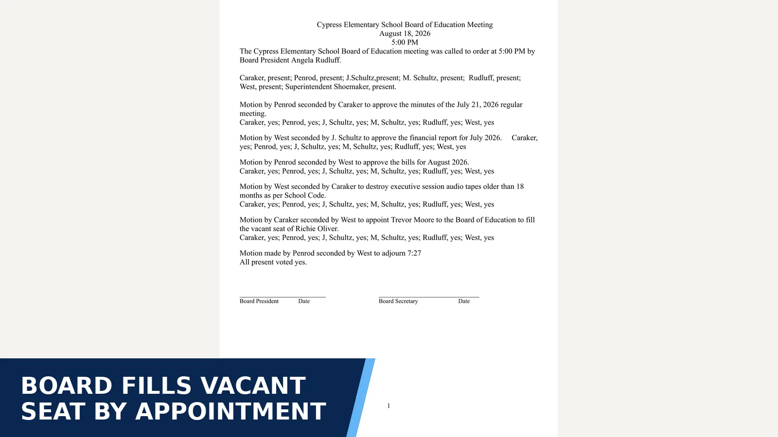Excerpt from Cypress School District 64 board minutes: August 2026 for Board fills vacant seat by appointment
