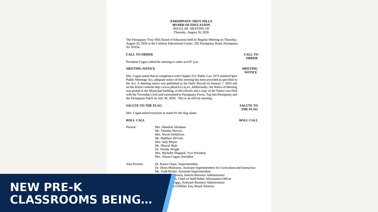 Excerpt from Minutes-8-20-26 (2026-2027 Meeting Minutes) for New pre-K classrooms being built at Littleton…