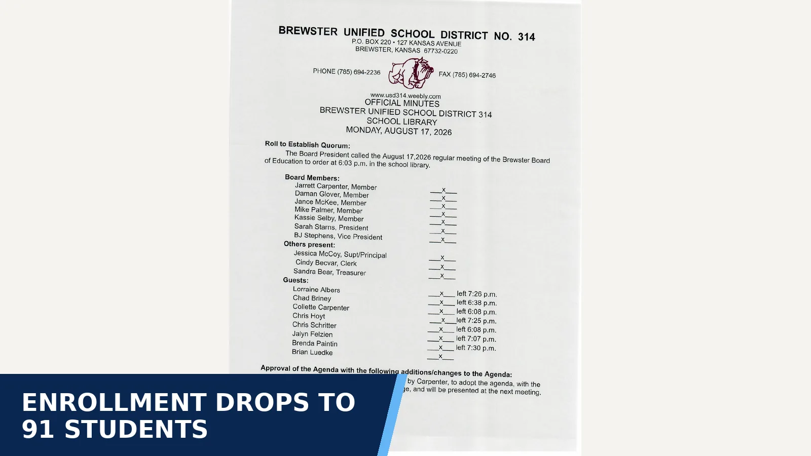 Excerpt from USD 314 Board of Education - August Regular Meeting Minutes (august_regular_meeting_minutes.pdf) for Enrollment drops to 91 students