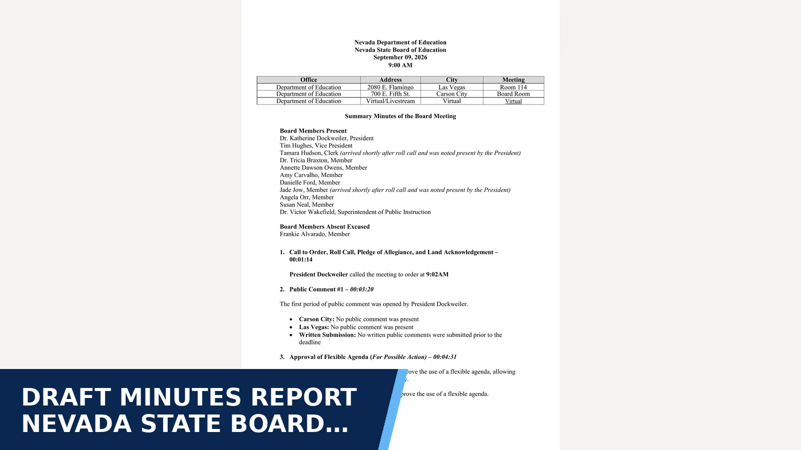 Excerpt from Nevada State Board of Education Item 6a: State Board of Education September 9, 2026 Meeting Minutes for Draft minutes report Nevada State Board graduation…