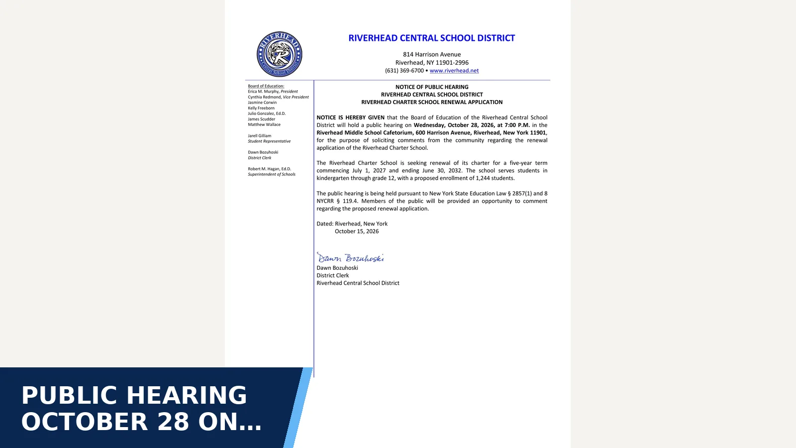 Excerpt from Notice of Board of Education Regular Meeting – October 28, 2026 for Public hearing October 28 on renewing the…