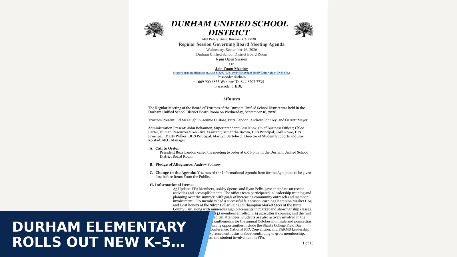 Excerpt from APPROVED September 16, 2026 Minutes.docx for Durham Elementary rolls out new K–5 math and TK…